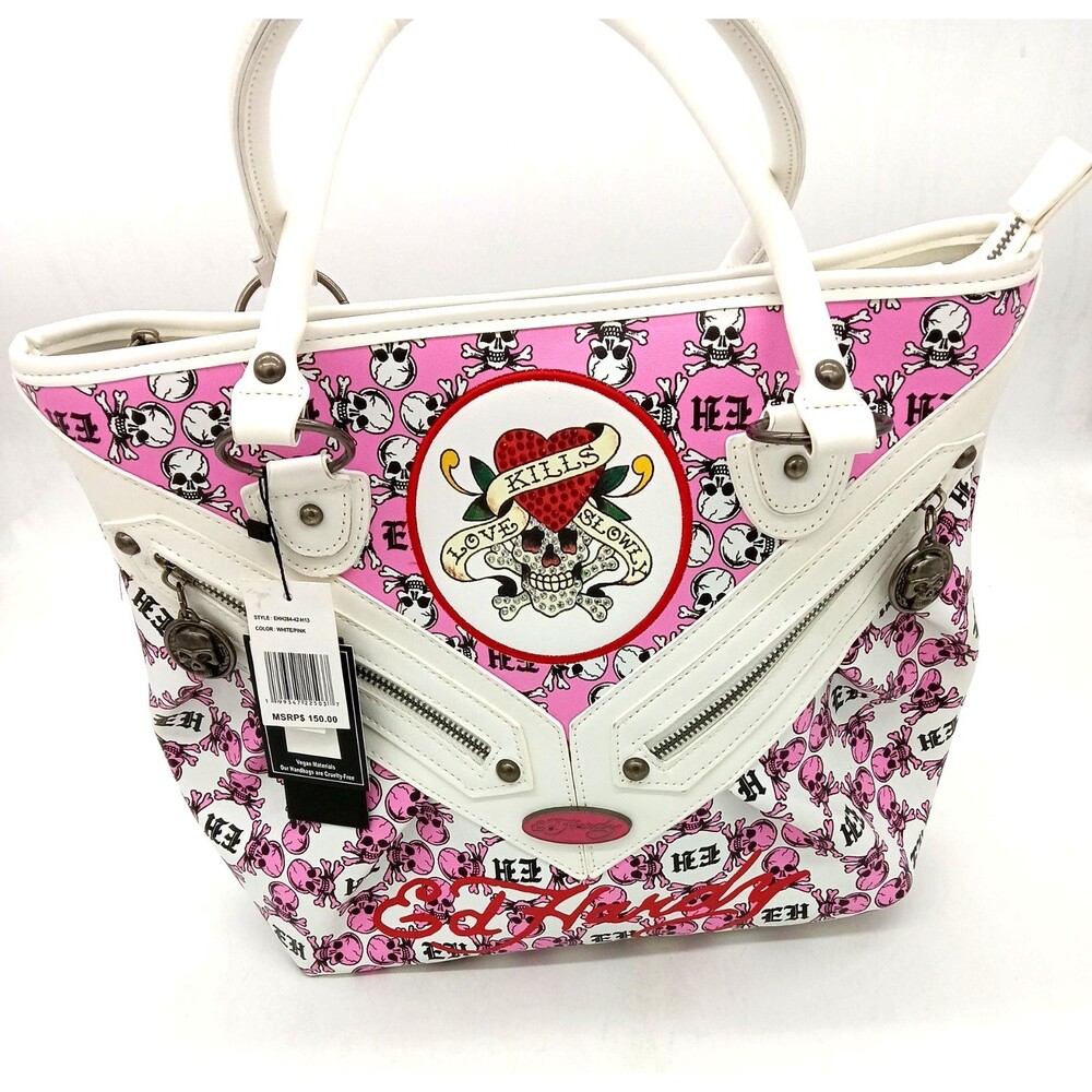 ED Hardy Love Kills Slowly Skull Tatoos White Multi Shoulder Vegan Bag Tote NWT